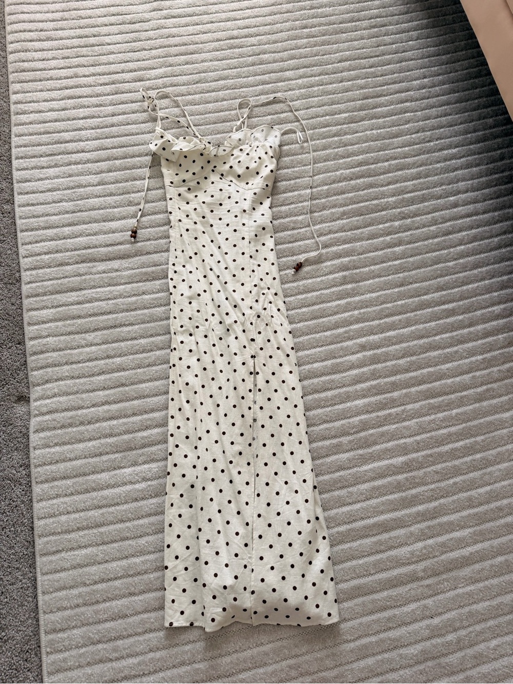 Zara NWOT XS Linen White Polka Dot Slip Dress with Spaghetti Ties